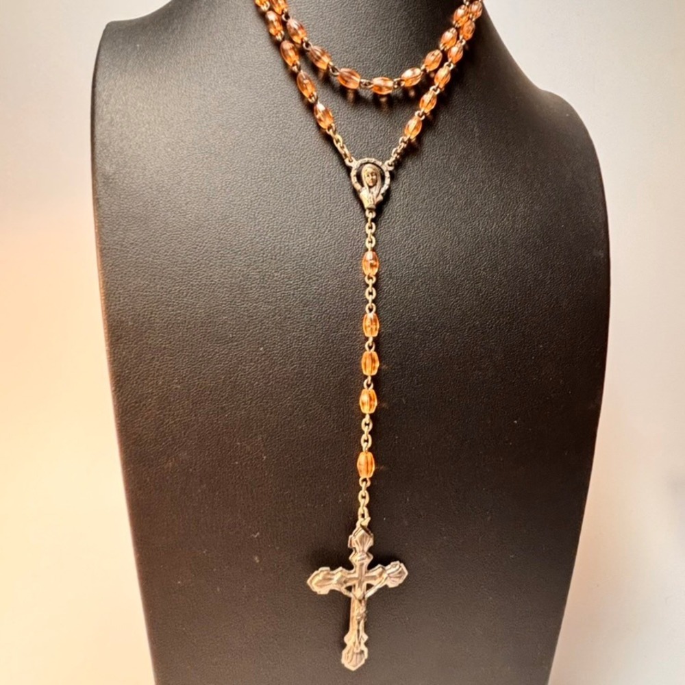 Rosary Necklace Amber Glass Vintage Catholic Crucifix Italy